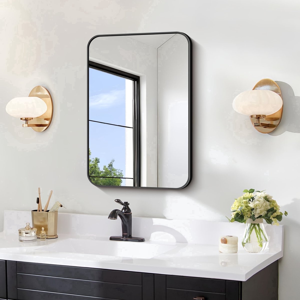 VONIGEE Bathroom Mirror Rounded Corner– 16"x24" Shatterproof Square Black Wall Mirror Aluminum Frame ,Vanity Mirror — image 1