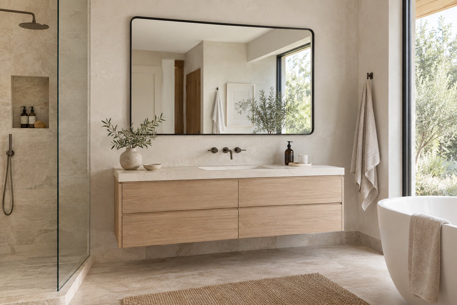 Matte black rounded-corner VONIGEE mirror above a light oak bathroom vanity